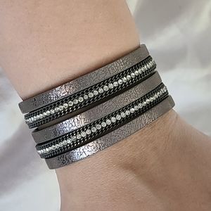 Layered gunmetal chain rhinestone leather bracelet